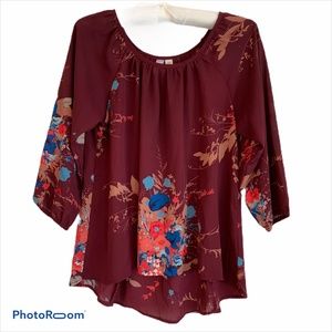 Floral Flowy Sleeve Scoop Neck Top Maroon XS
